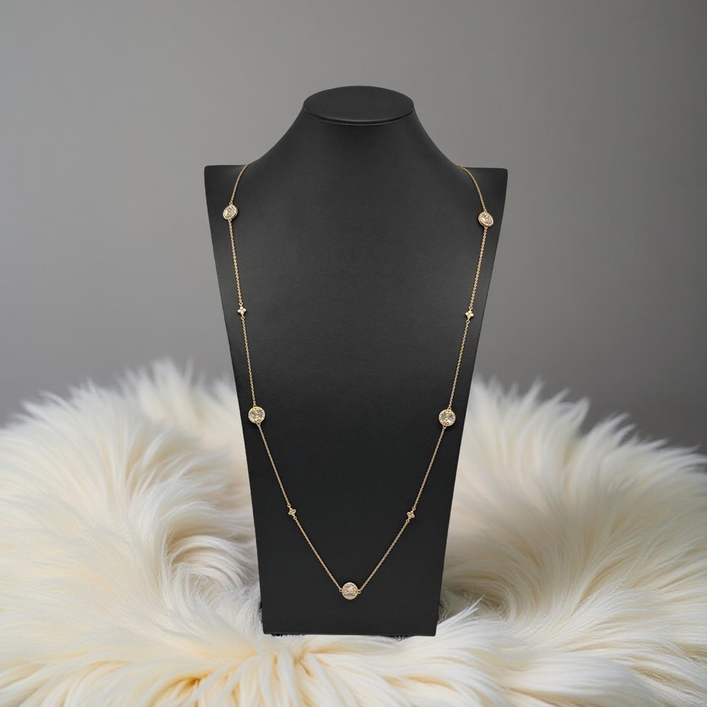 Freida Rothman FR Gold Tone Mother of Pearl Crystal Station Necklace 36”